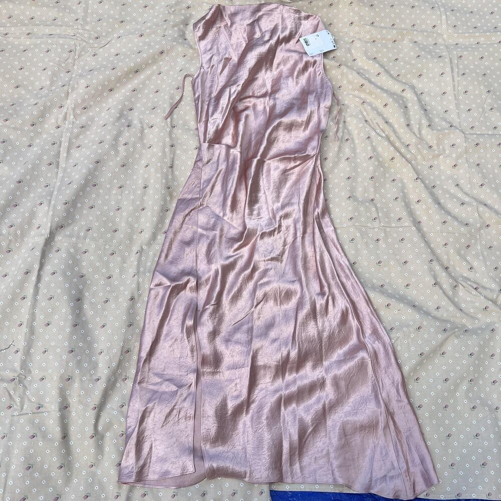 & Other Stories Dress Womens 8 Pink Satin Wrap Midi Crinkle A Line Shiny‎ NWT - Picture 8 of 8